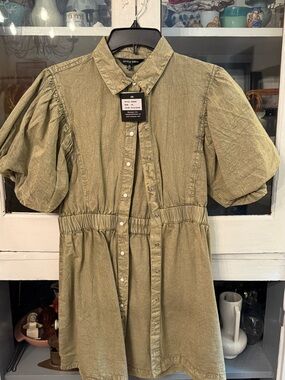 Style Envy Olive Green Puff-Sleeve Button-Front Mini Dress